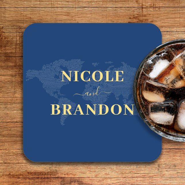 Dessous-de-verre Carré En Papier Carte du monde bleu Destination Mariage (Blue World Map Destination Wedding Square Paper Coaster
)