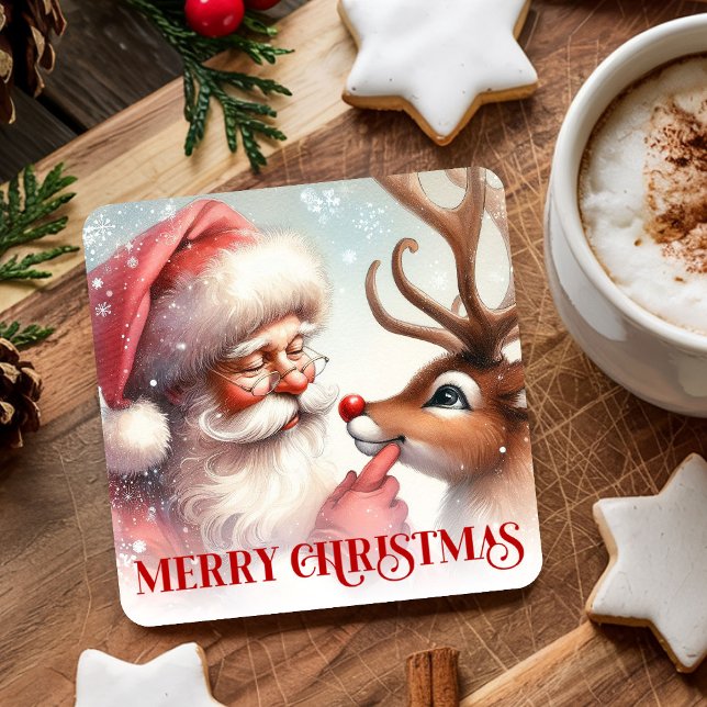 Dessous-de-verre Carré En Papier Cartoon Style Cute Santa and Rudolph Paper Coaster (Cartoon Style Cute Santa and Rudolph Paper Coasters)