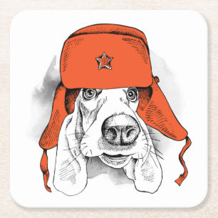 Dessous-de-verre Carré En Papier Casquette rouge de Basset Hound Ushanka