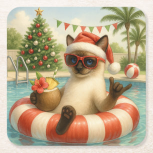 Dessous-de-verre Carré En Papier Cat Noël Été Juillet Pool Party