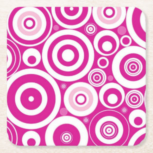 Dessous-de-verre Carré En Papier Cercles rétro concentrés rose et blanc