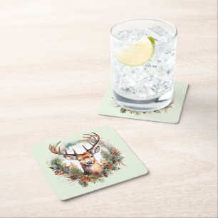 Dessous-de-verre Carré En Papier Cerf brun avec bois Noël rustique de Noël