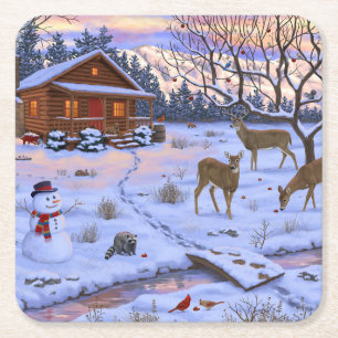 Dessous-de-verre Carré En Papier Cerf Cabine D'Hiver Dans La Scène De Noël De Neige