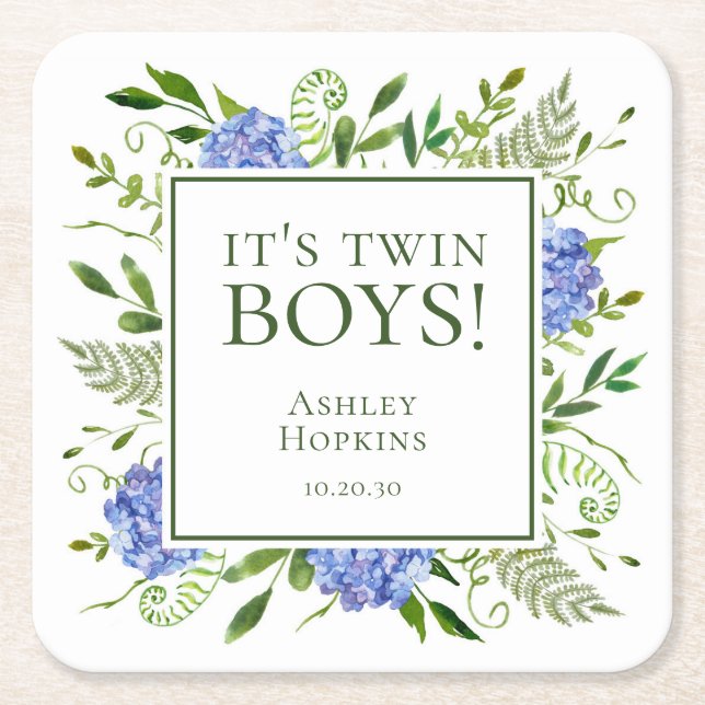Dessous-de-verre Carré En Papier C'est Twin Boys Blue Hydrangeas Boy Baby shower (Devant)