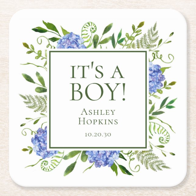 Dessous-de-verre Carré En Papier C'est Un Baby shower Garçon Blue Hydrangeas Boy (Devant)