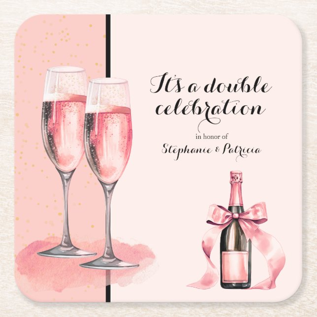 Dessous-de-verre Carré En Papier C'est une double fête Champagne Rose Anniversaire (Devant)