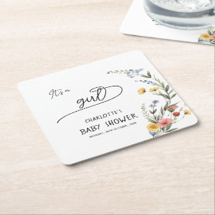 Dessous-de-verre Carré En Papier C'est une fille ! Baby shower aux fleurs sauvages 