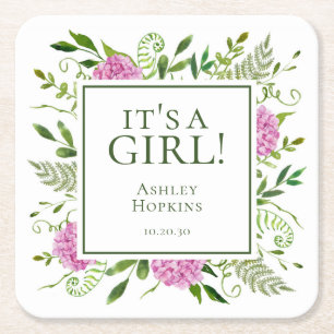 Dessous-de-verre Carré En Papier C'est une fille rose Hydrangeas Baby shower fille