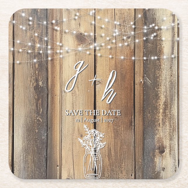 Dessous-de-verre Carré En Papier Chaîne de bois rustique Lumières Mason Jar Enregis (Devant)