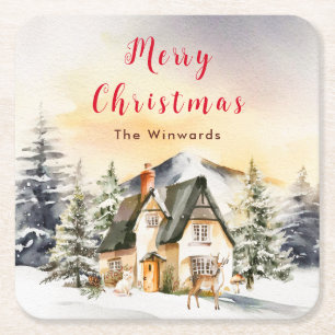Dessous-de-verre Carré En Papier Chalet de vacances de Noël Joyeux Noël