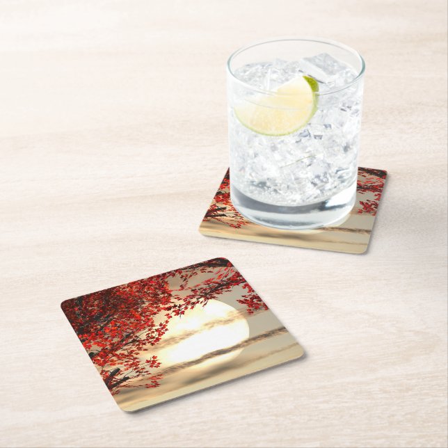 Dessous-de-verre Carré En Papier Chaleureuse nuit sous l'arbre rouge - Art numériqu (En situation)