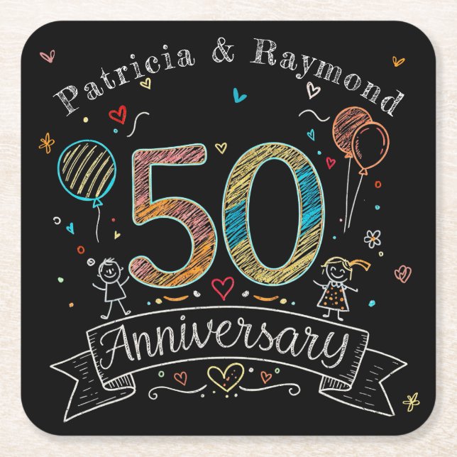 Dessous-de-verre Carré En Papier Chalkboard Doodles 50e Anniversaire Personnalisé (Devant)