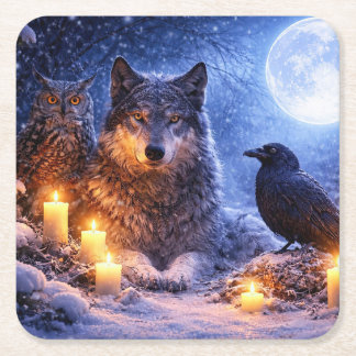 Dessous-de-verre Carré En Papier Chandelles de hibou loup corbeau mystiques Hiver N