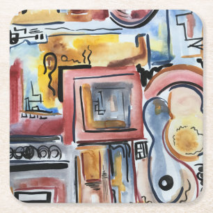 Dessous-de-verre Carré En Papier Chanter Dans La Cuisine-Art Aquarelle Abstraite