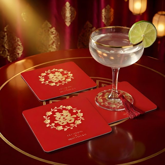 Dessous-de-verre Carré En Papier Charming Glitter Floral Chinese Double Happiness (Charming Glitter Effect Floral Chinese Double Happiness Symbol Elegant Square Paper Coaster Design. )