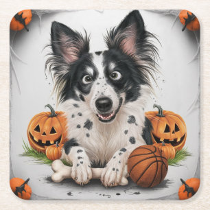 Dessous-de-verre Carré En Papier Charming Spott Dog : Halloween Whimsy avec panier