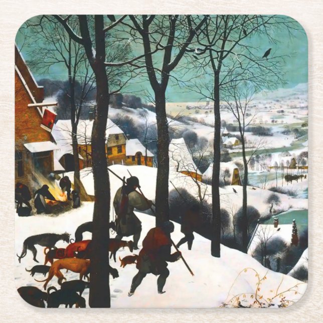 Dessous-de-verre Carré En Papier Chasseurs dans le paysage de neige Pieter Bruegel (Devant)