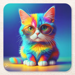 Dessous-de-verre Carré En Papier Chat Arc-en-Ciel avec Lunettes Portrait-47567