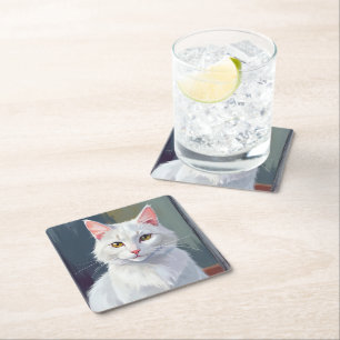 Dessous-de-verre Carré En Papier Chat Blanc   Peinture de Chat de Compagnie à l'Aqu