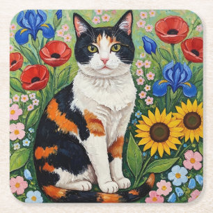 Dessous-de-verre Carré En Papier Chat calicot et tournesols d'art populaire