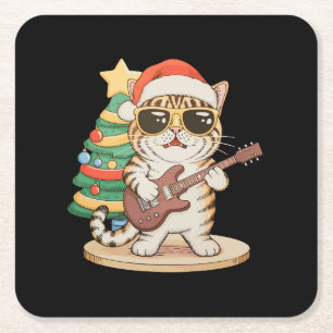 Dessous-de-verre Carré En Papier Chat de Noël jouant de la guitare Rock Jazz Chapea