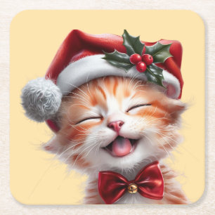 Dessous-de-verre Carré En Papier Chat de Noël mignon avec chapeau de Père Noël et C