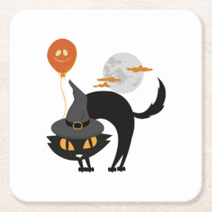 Dessous-de-verre Carré En Papier Chat d'Halloween éffrayant