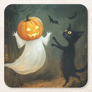 Dessous-de-verre Carré En Papier Chat d'Halloween et fantôme