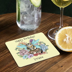 Dessous-de-verre Carré En Papier Chat féerique tabby pastel fantaisiste floral