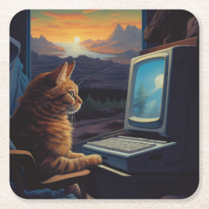 Dessous-de-verre Carré En Papier Chat Gamer Retro   Jeu d'art Pixel 8 bits