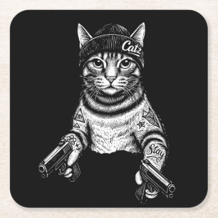Dessous-de-verre Carré En Papier Chat Gangster Tatoué Art   Kitty Streetwear Cool