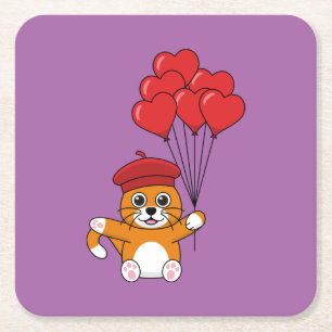Dessous-de-verre Carré En Papier Chat mignon avec Ballons de Coeur Rouge