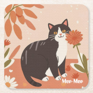 Dessous-de-verre Carré En Papier Chat mignon personnalisé avec fleurs de printemps