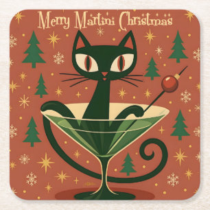 Dessous-de-verre Carré En Papier Chat noir de Noël Martini du milieu du siècle