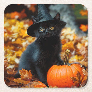 Dessous-de-verre Carré En Papier Chat noir d'Halloween et Citrouille