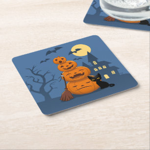 Dessous-de-verre Carré En Papier Chat noir d'Halloween et citrouilles