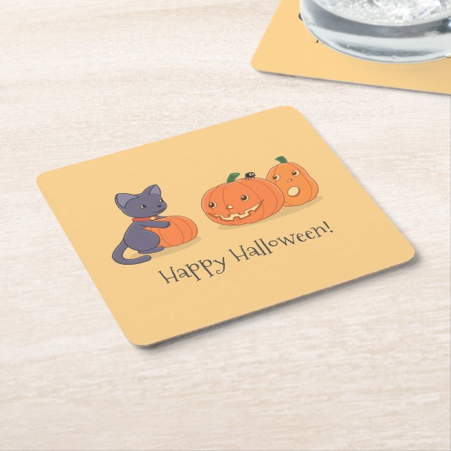 Dessous-de-verre Carré En Papier Chat noir d'Halloween et Citrouilles sur Jaune (Incliné)