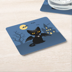 Dessous-de-verre Carré En Papier Chat noir d'Halloween vampire avec des ailes