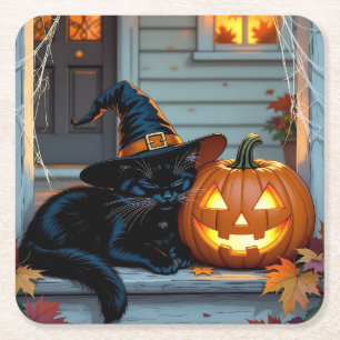 Dessous-de-verre Carré En Papier Chat noir faisant la sieste sur Halloween citrouil