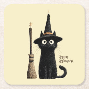 Dessous-de-verre Carré En Papier Chat noir fantaisiste Joyeux Halloween