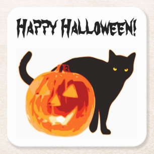 DESSOUS-DE-VERRE CARRÉ EN PAPIER CHAT NOIR HALLOWEEN ET CITROUILLE