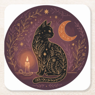 Dessous-de-verre Carré En Papier Chat noir mystique, sorcière céleste Halloween