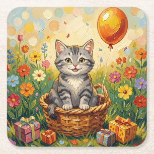 Dessous-de-verre Carré En Papier Chat Tigre & Fleurs   Joyeux Anniversaire Fille 