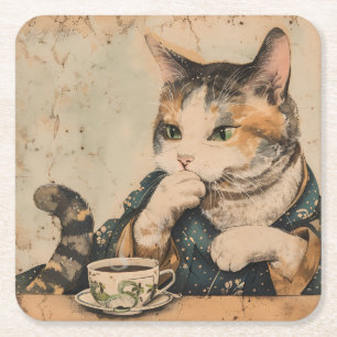 Dessous-de-verre Carré En Papier Chateau japonais vintage avec une tasse de thé