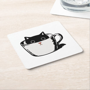 Dessous-de-verre Carré En Papier Chaton noir avec nez rouge caché dans une tasse