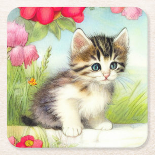 Dessous-de-verre Carré En Papier Chaton vintage blanc et Brown avec fleurs