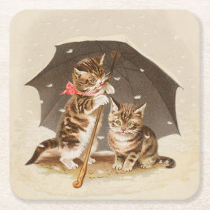 Dessous-de-verre Carré En Papier Chatons vintage sous parapluie art de chat antique