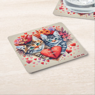 Dessous-de-verre Carré En Papier Chats aquarelle au coeur