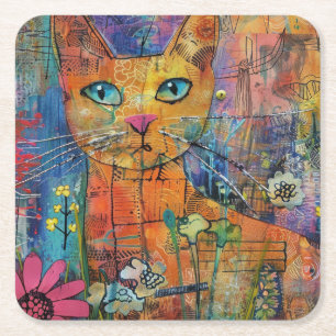 Dessous-de-verre Carré En Papier Chats d'aquarelle Boho - Art de la féline terrestr