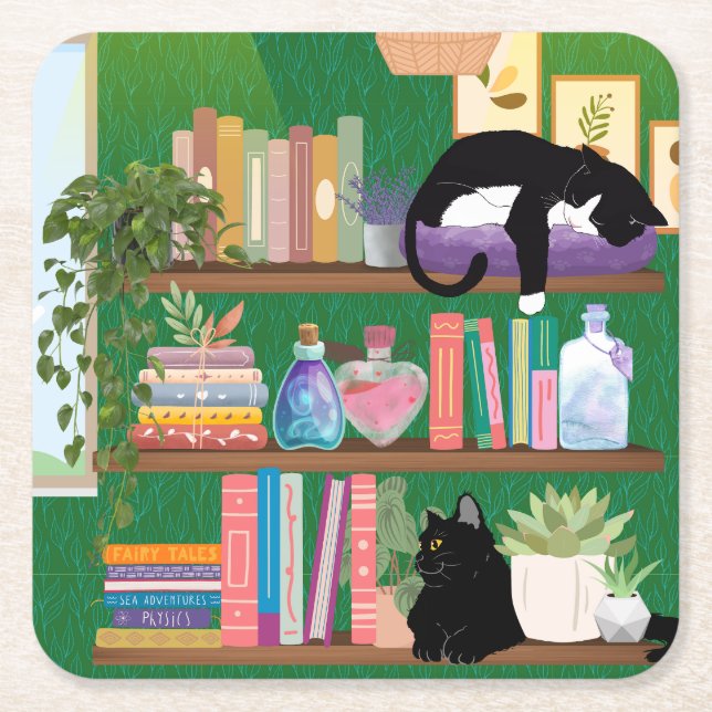 Dessous-de-verre Carré En Papier Chats de librairie (Devant)